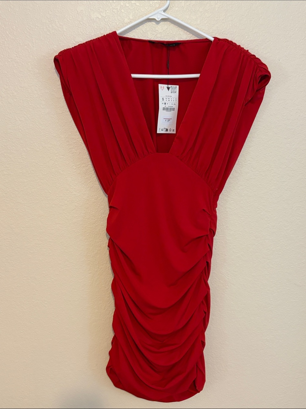 Zara Red Deep V Ruched Mini Dress